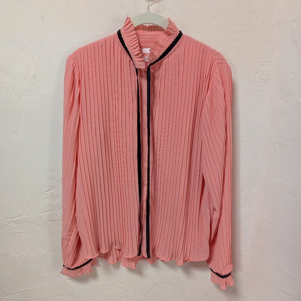 Moon Long Sleeve Pleated Button-Down Coral Pink Top S